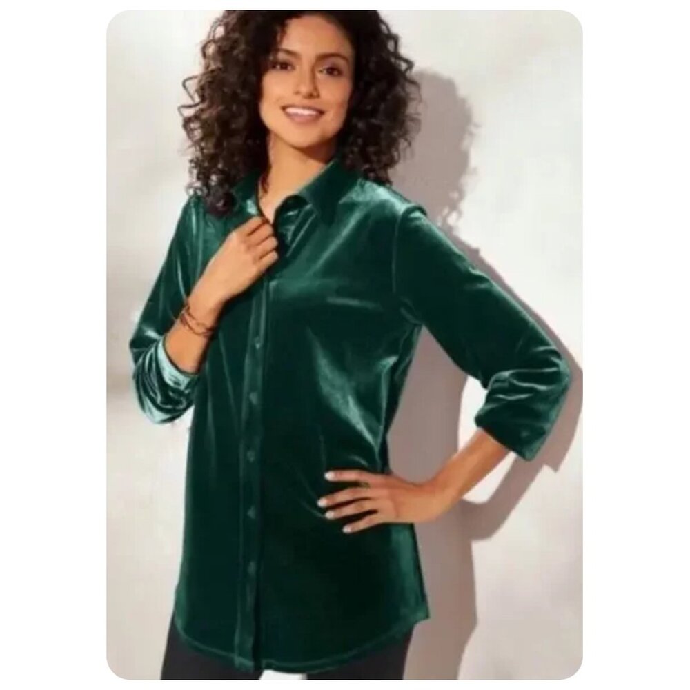 Soft Surroundings Green Long Sleeve Button Up Velvet Tunic Top sz S